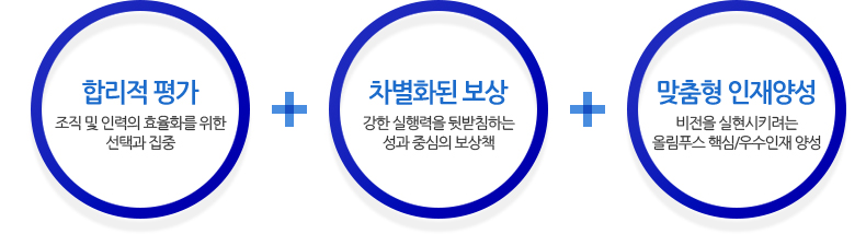 정확한 평가 - 조직 및 인력의 효율화를 위한 선택과 집중, 차별화된 보상 - 강한 실행력을 뒷받침하는 성과 중심의 보상책, 맞춤형 교육 - 비전을 실현시키려는 올림푸스 핵심/우수인재양성